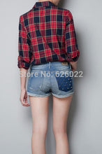 Chic Women's Classical Red & Black Plaid Rivets Pockets Lapel Turn-up Long Sleeve Cotton Shirts Casual Blouse Tops