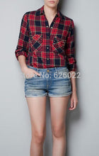 Chic Women's Classical Red & Black Plaid Rivets Pockets Lapel Turn-up Long Sleeve Cotton Shirts Casual Blouse Tops