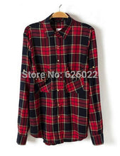Chic Women's Classical Red & Black Plaid Rivets Pockets Lapel Turn-up Long Sleeve Cotton Shirts Casual Blouse Tops