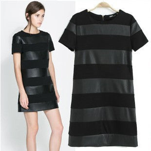 Women O-Neck Short Sleeve Party Dress Patchwork Striped Splice Pu Leather Casual Dress Vintage Slim Vestidos