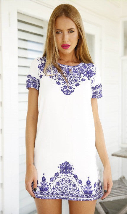 Digital Printing Retro Blue and White Patterned Dress For Sexy Women Vestidos Femininas J2845