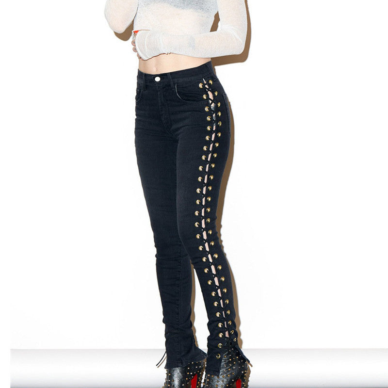 High Waist Jeans Side Lacing Up Denim Jeans Pencil Pants Femme Sexy Hip Lift Jeans Woman Black White Womens Jeans