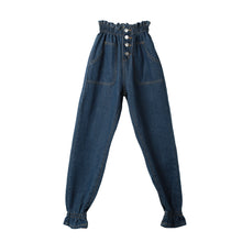 hight-waist-women-jeans-elastic-waist-cuff-harem-jeans-buttons-ankle-length-slim-casual-all-match-pants-dark-blue BBL