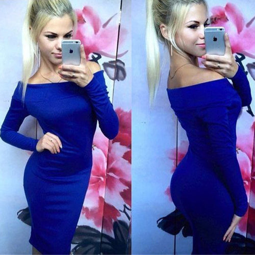 Slash Neck Women Dress Slim Sexy Bodycon Dress Long Sleeve Off Shoulder Midi Dresses For Women Elegant Dress