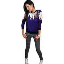 women-casual-pullover-feather-print-o-neck-t-shirt-3-4-sleeve-women-tops-blusas-black-blue-white BBL