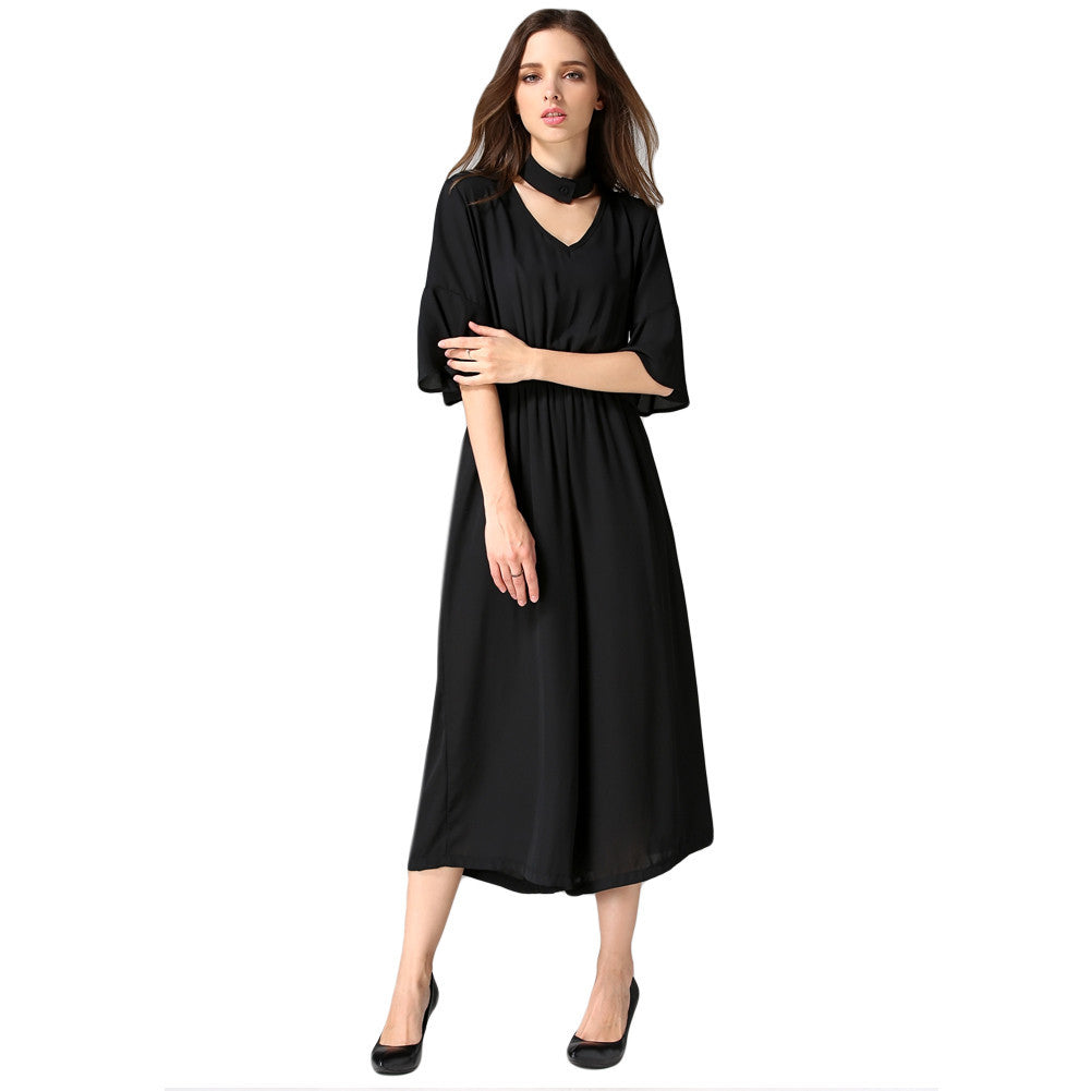 women-jumpsuit-v-neck-choker-half-flare-sleeves-chiffon-rompers-pockets-elastic-waist-loose-playsuit-black-grey-blue BBL