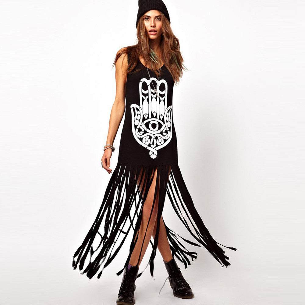 women-maxi-dress-geometry-print-tassel-casual-dresses-sleeveless-long-tank-dress-sundress-black BBL