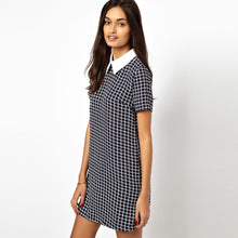 women-plaid-pattern-dress-turn-down-collar-short-sleeve-checked-casual-shift-dress-vestido-de-festa-dark-blue BBL