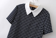 women-plaid-pattern-dress-turn-down-collar-short-sleeve-checked-casual-shift-dress-vestido-de-festa-dark-blue BBL
