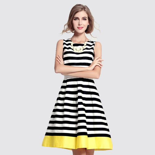 women-dress-round-neck-sleeveless-contrast-hem-striped-beach-dress-sweet-women-mini-office-dress-vestidos BBL