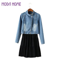 women-two-piece-set-suit-bleached-crop-denim-jacket-coat-pleated-solid-vest-tank-dress-twinset-blue BBL