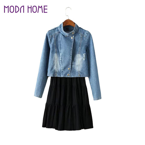 women-two-piece-set-suit-bleached-crop-denim-jacket-coat-pleated-solid-vest-tank-dress-twinset-blue BBL