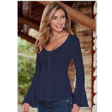 Women's O Neck Flare Sleeve Shirts Tops Plus Size Solid Asymmetric Hem Blouses With Button LX048