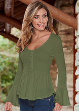 Women's O Neck Flare Sleeve Shirts Tops Plus Size Solid Asymmetric Hem Blouses With Button LX048