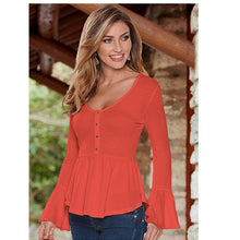 Women's O Neck Flare Sleeve Shirts Tops Plus Size Solid Asymmetric Hem Blouses With Button LX048