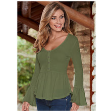 Women's O Neck Flare Sleeve Shirts Tops Plus Size Solid Asymmetric Hem Blouses With Button LX048