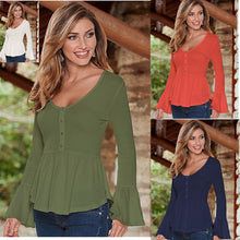 Women's O Neck Flare Sleeve Shirts Tops Plus Size Solid Asymmetric Hem Blouses With Button LX048