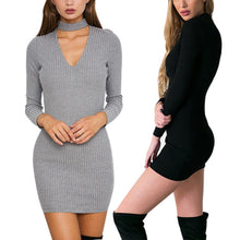 new-korean-fashion-women-black-gray-dress-sexy-mini-long-sleeve-slim-fit-v-neck-knitwear-dress BBL