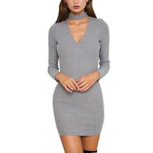 new-korean-fashion-women-black-gray-dress-sexy-mini-long-sleeve-slim-fit-v-neck-knitwear-dress BBL