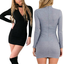 new-korean-fashion-women-black-gray-dress-sexy-mini-long-sleeve-slim-fit-v-neck-knitwear-dress BBL