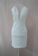 Sexy Sequined Club Dresses White Deep V Backless Party Dresses Bodycon Dress Striped Mini Women Dress