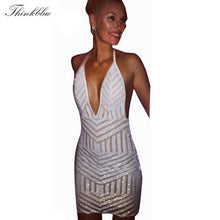 Sexy Sequined Club Dresses White Deep V Backless Party Dresses Bodycon Dress Striped Mini Women Dress