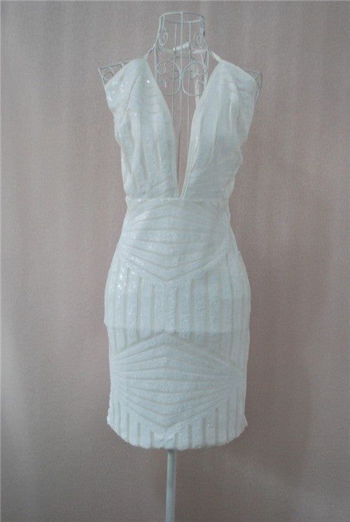 Sexy Sequined Club Dresses White Deep V Backless Party Dresses Bodycon Dress Striped Mini Women Dress