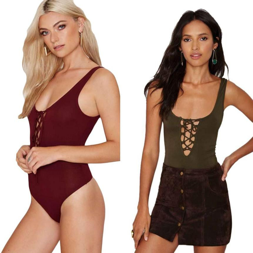 Sexy Women Bodysuit Plunge V Neckline Lace Up Tie Front Stretch Playsuit Leotard Jumpsuit Overalls Enteritos Mujer Club Wear