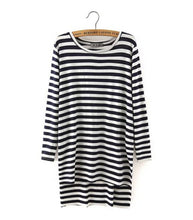 Solid Color / Striped Pattern print Split Side Asymmetry Casual Long T- shirt Women's O neck Long Sleeve Tee Tops