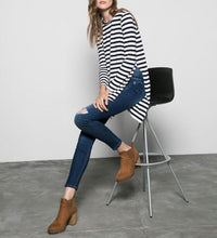 Solid Color / Striped Pattern print Split Side Asymmetry Casual Long T- shirt Women's O neck Long Sleeve Tee Tops