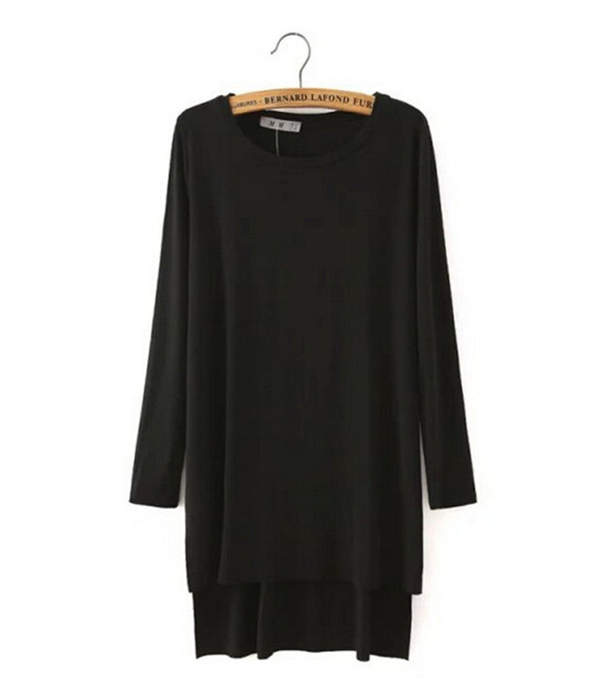 Solid Color / Striped Pattern print Split Side Asymmetry Casual Long T- shirt Women's O neck Long Sleeve Tee Tops