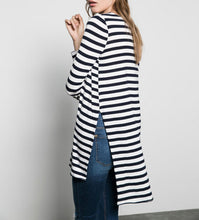 Solid Color / Striped Pattern print Split Side Asymmetry Casual Long T- shirt Women's O neck Long Sleeve Tee Tops
