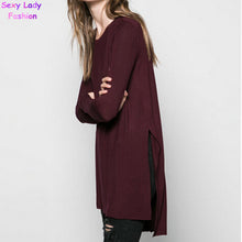 Solid Color / Striped Pattern print Split Side Asymmetry Casual Long T- shirt Women's O neck Long Sleeve Tee Tops
