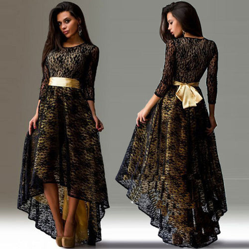 Long Dress Sexy Women Dresses Three Quarter Long Maxi Lace Dress Prom Ballgowns Asymmetrical Hem Vestidos M0100