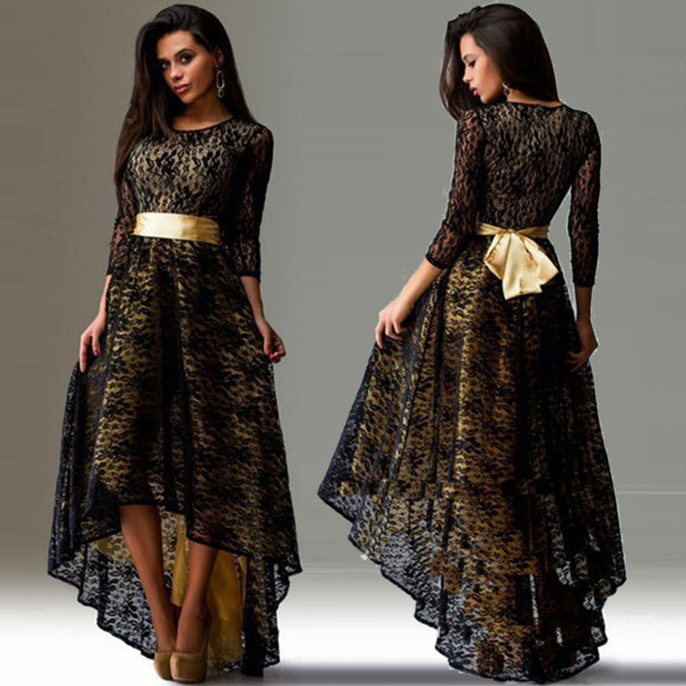 Long Dress Sexy Women Dresses Three Quarter Long Maxi Lace Dress Prom Ballgowns Asymmetrical Hem Vestidos M0100
