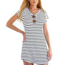 new-striped-women-casual-short-dress-short-sleeve-slim-cotton-party-mini-beach-dresses BBL