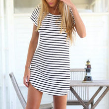 new-striped-women-casual-short-dress-short-sleeve-slim-cotton-party-mini-beach-dresses BBL