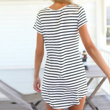 new-striped-women-casual-short-dress-short-sleeve-slim-cotton-party-mini-beach-dresses BBL