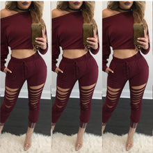 Style 2 Pieces Crop Tops + Long Pants For Young Ladies Long Sleeved Solid Shirts Hollow Out Pants Women's Sets LX114