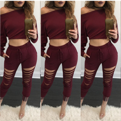 Style 2 Pieces Crop Tops + Long Pants For Young Ladies Long Sleeved Solid Shirts Hollow Out Pants Women's Sets LX114