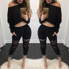 Style 2 Pieces Crop Tops + Long Pants For Young Ladies Long Sleeved Solid Shirts Hollow Out Pants Women's Sets LX114