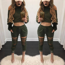 Style 2 Pieces Crop Tops + Long Pants For Young Ladies Long Sleeved Solid Shirts Hollow Out Pants Women's Sets LX114