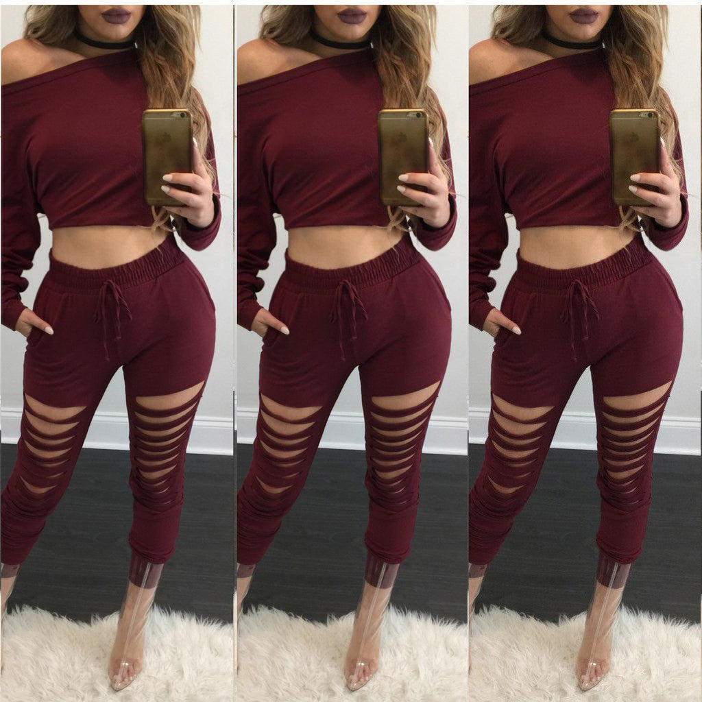 Style 2 Pieces Crop Tops + Long Pants For Young Ladies Long Sleeved Solid Shirts Hollow Out Pants Women's Sets LX114