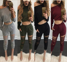 Style 2 Pieces Crop Tops + Long Pants For Young Ladies Long Sleeved Solid Shirts Hollow Out Pants Women's Sets LX114
