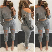 Style 2 Pieces Crop Tops + Long Pants For Young Ladies Long Sleeved Solid Shirts Hollow Out Pants Women's Sets LX114