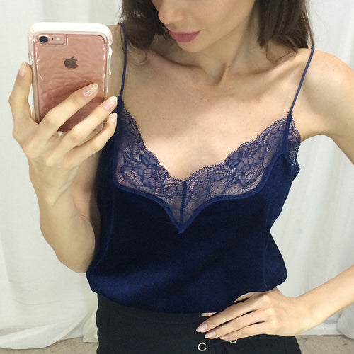 Style Women Velvet Tops Sexy Velvet Lace Patchwork Pink Blue Velvet Fabric Tanks Camis Sexy Casual Lace Women Top