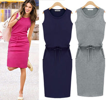 Women Sleeveless Knee-Length Dresses Pockets With Belt Pencil Casual vest Dress J2218