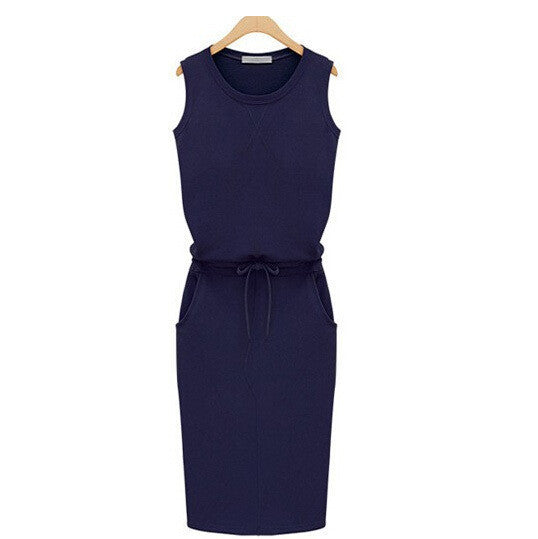 Women Sleeveless Knee-Length Dresses Pockets With Belt Pencil Casual vest Dress J2218