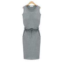 Women Sleeveless Knee-Length Dresses Pockets With Belt Pencil Casual vest Dress J2218