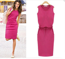 Women Sleeveless Knee-Length Dresses Pockets With Belt Pencil Casual vest Dress J2218